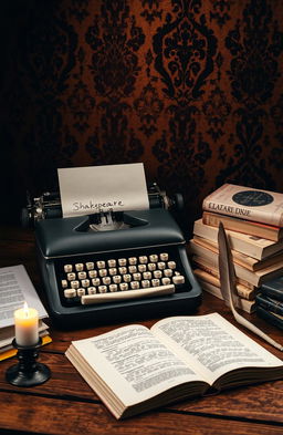 A composition of various dramatic literary works visually represented on a wooden desk