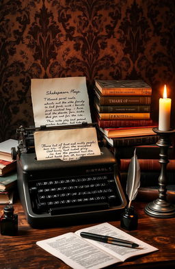 A composition of various dramatic literary works visually represented on a wooden desk