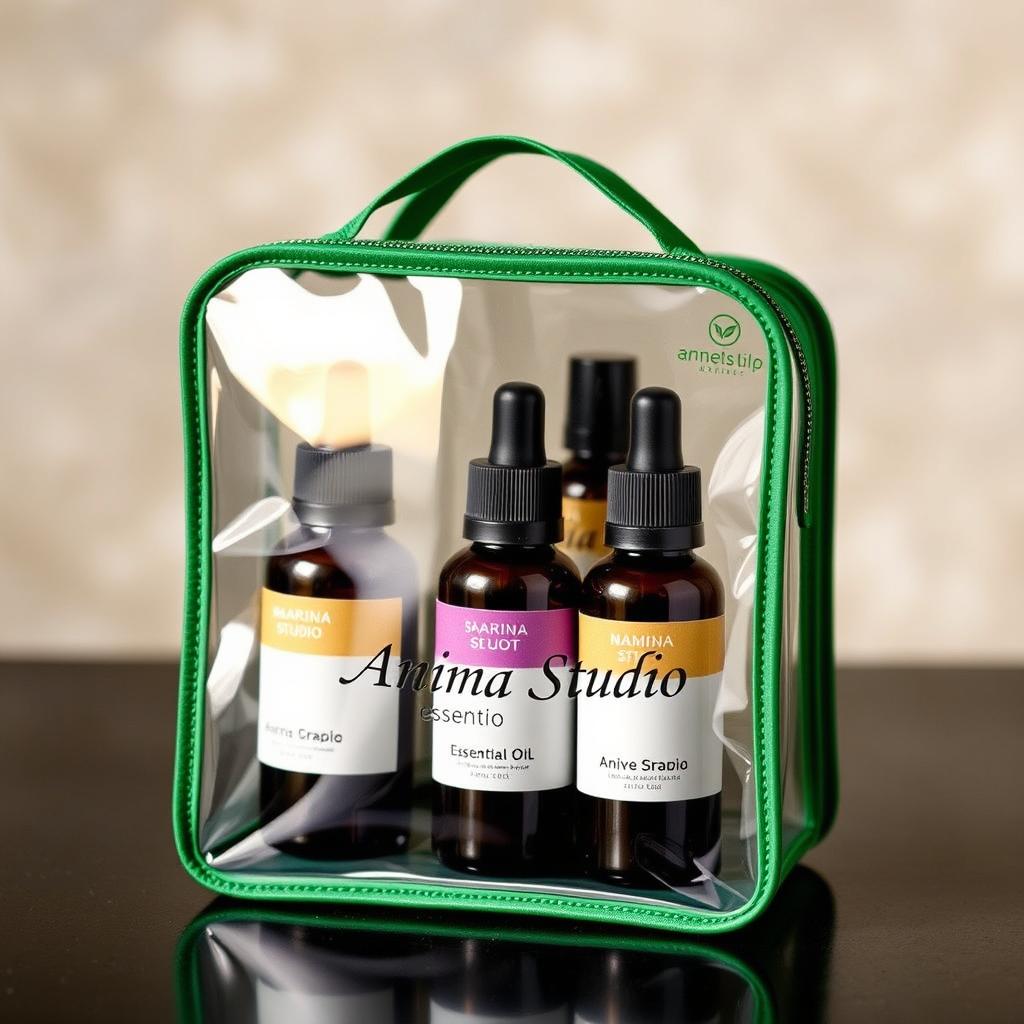 A clear zippered bag with a green border, stylishly filled with an assortment of essential oils in elegantly designed glass bottles