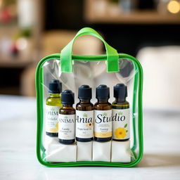 A clear zippered bag with a green border, stylishly filled with an assortment of essential oils in elegantly designed glass bottles