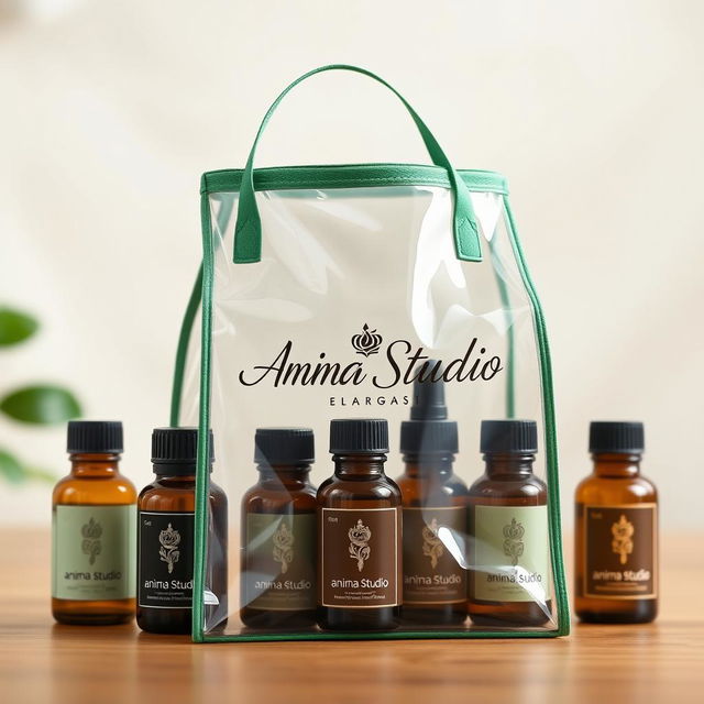 A clear zippered bag with a green border, stylishly filled with an assortment of essential oils in elegantly designed glass bottles