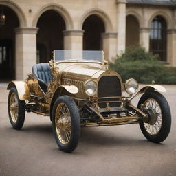 A Gaspunk-style Le Mans car, blending elements of Edwardian-era sophistication with fanciful visions of automotive locomotion. The car appears to run on gas-powered mechanisms, with brass fittings, ornate details, and vibrant, translucent gas-filled tubes