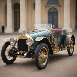 A Gaspunk-style Le Mans car, blending elements of Edwardian-era sophistication with fanciful visions of automotive locomotion. The car appears to run on gas-powered mechanisms, with brass fittings, ornate details, and vibrant, translucent gas-filled tubes