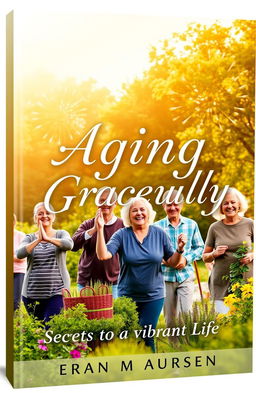 An inviting cover design for an anti-aging book aimed at seniors, featuring a serene and uplifting landscape background with golden sunlight filtering through lush green trees