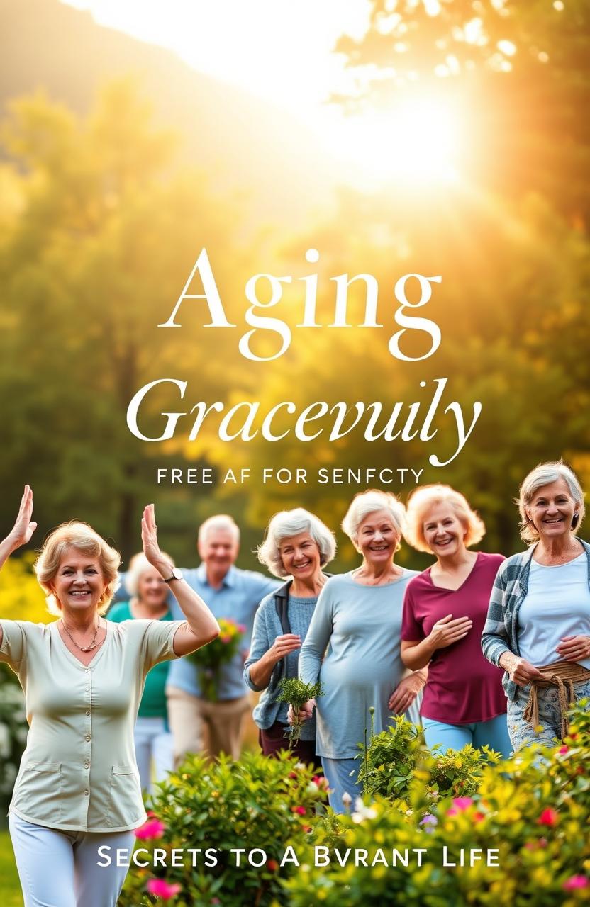 An inviting cover design for an anti-aging book aimed at seniors, featuring a serene and uplifting landscape background with golden sunlight filtering through lush green trees