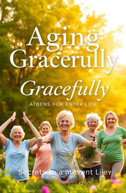 An inviting cover design for an anti-aging book aimed at seniors, featuring a serene and uplifting landscape background with golden sunlight filtering through lush green trees