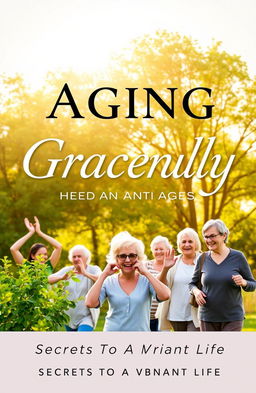 An inviting cover design for an anti-aging book aimed at seniors, featuring a serene and uplifting landscape background with golden sunlight filtering through lush green trees