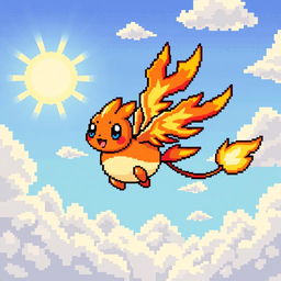 A creative pixel art design of a new Pokémon, featuring a whimsical creature that blends elements of fire and flying types