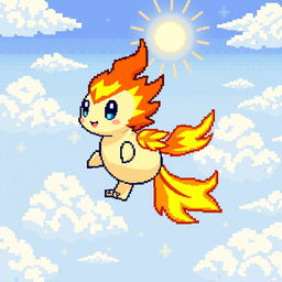 A creative pixel art design of a new Pokémon, featuring a whimsical creature that blends elements of fire and flying types