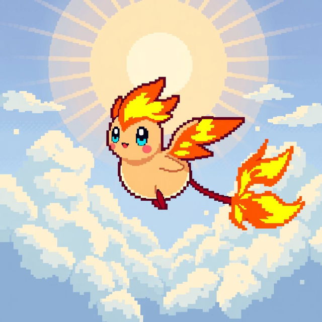 A creative pixel art design of a new Pokémon, featuring a whimsical creature that blends elements of fire and flying types