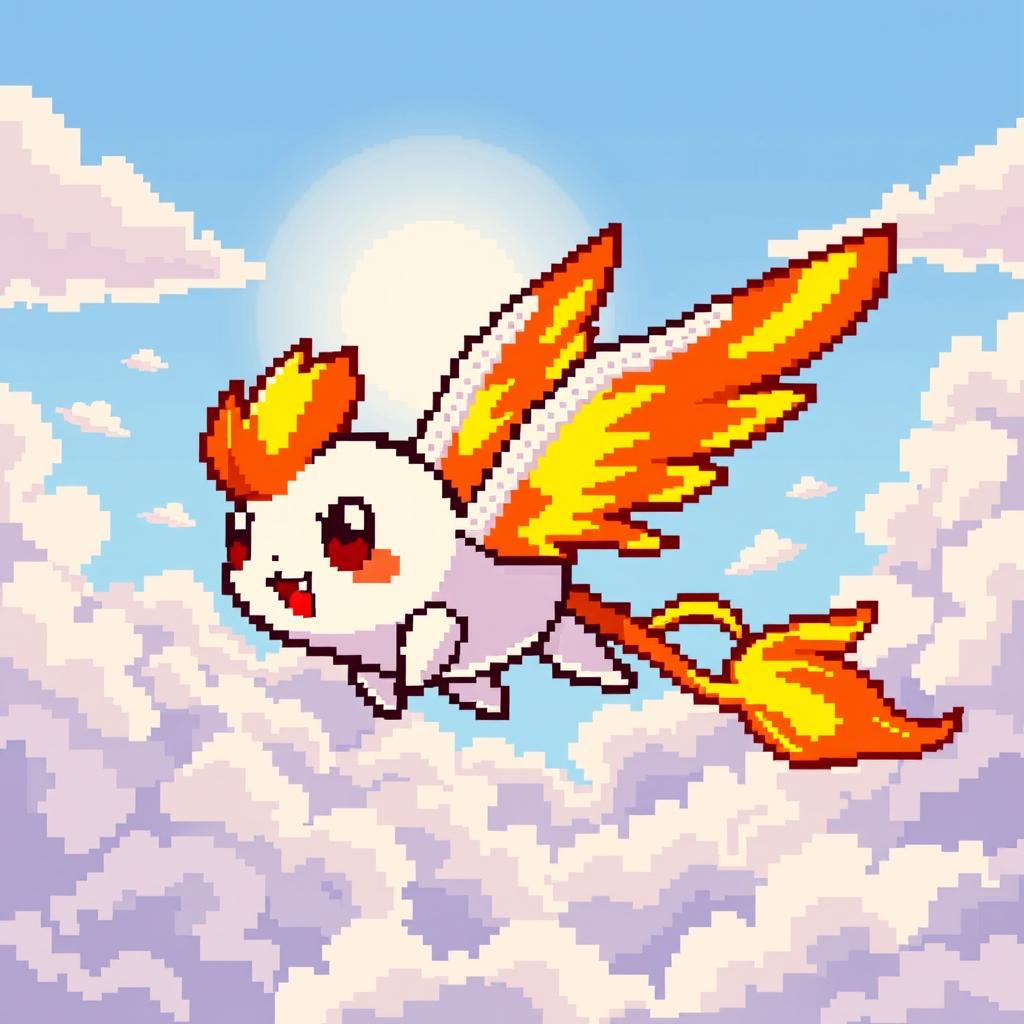 A creative pixel art design of a new Pokémon, featuring a whimsical creature that blends elements of fire and flying types