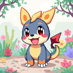 A fun and playful pixel art design of a new Pokémon inspired by whimsical elements, incorporating humor with a cheeky twist