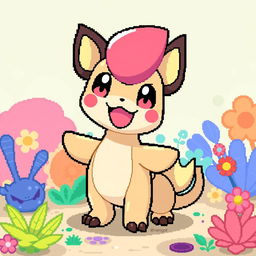 A fun and playful pixel art design of a new Pokémon inspired by whimsical elements, incorporating humor with a cheeky twist