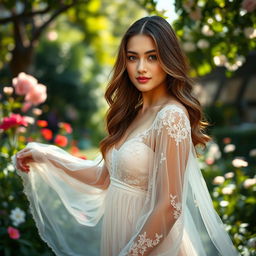 A beautiful young woman wearing a flowing sheer dress, elegantly draped, with soft, romantic lighting