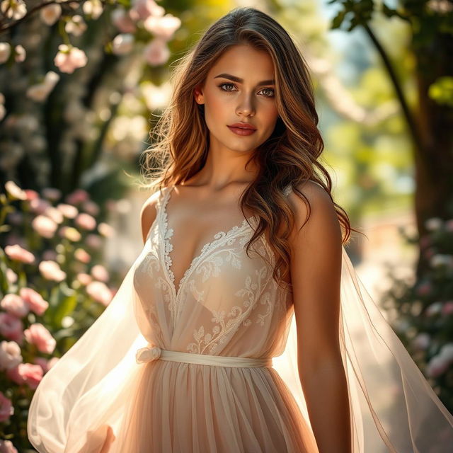 A beautiful young woman wearing a flowing sheer dress, elegantly draped, with soft, romantic lighting