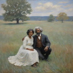 In the style of Claude Monet, depict the intense scene of Frederick Douglass's birth. His mother is on a field, the iconic event taking place amidst the raw beauty of nature. The impressionistic strokes evoke a powerful sense of struggle and hope.