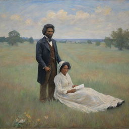 In the style of Claude Monet, depict the intense scene of Frederick Douglass's birth. His mother is on a field, the iconic event taking place amidst the raw beauty of nature. The impressionistic strokes evoke a powerful sense of struggle and hope.