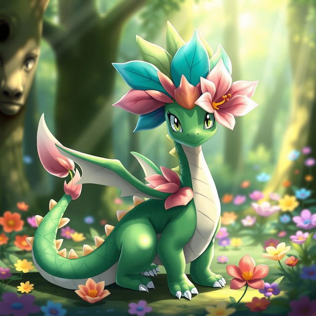 A unique design for a new Pokémon that combines elements of a dragon and a flower