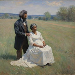 In the style of Claude Monet, depict the intense scene of Frederick Douglass's birth. His mother is on a field, the iconic event taking place amidst the raw beauty of nature. The impressionistic strokes evoke a powerful sense of struggle and hope.