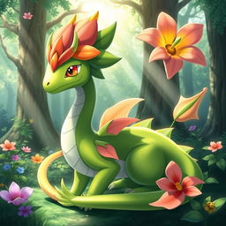 A unique design for a new Pokémon that combines elements of a dragon and a flower