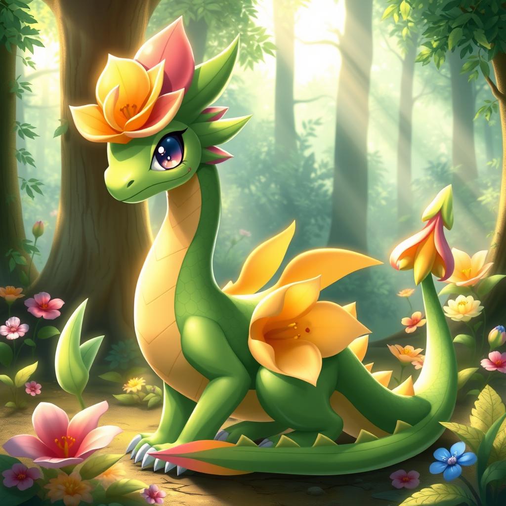 A unique design for a new Pokémon that combines elements of a dragon and a flower