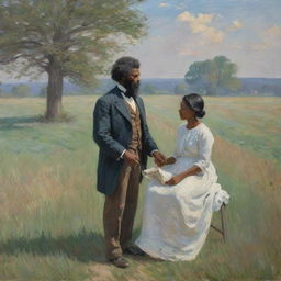 In the style of Claude Monet, depict the intense scene of Frederick Douglass's birth. His mother is on a field, the iconic event taking place amidst the raw beauty of nature. The impressionistic strokes evoke a powerful sense of struggle and hope.