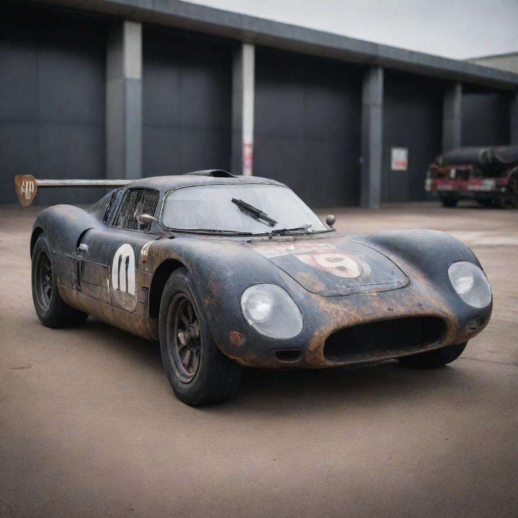 An Oilpunk themed Le Mans car, showcasing industrial-age design mixed with the grunge of early oil factories. The car is adorned with oil splotches, large exhaust pipes, piston-driven mechanics and dark, grimy colors that reflect an era powered by oil