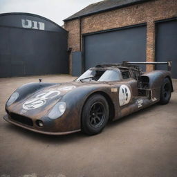 An Oilpunk themed Le Mans car, showcasing industrial-age design mixed with the grunge of early oil factories. The car is adorned with oil splotches, large exhaust pipes, piston-driven mechanics and dark, grimy colors that reflect an era powered by oil