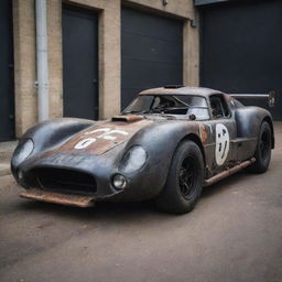 An Oilpunk themed Le Mans car, showcasing industrial-age design mixed with the grunge of early oil factories. The car is adorned with oil splotches, large exhaust pipes, piston-driven mechanics and dark, grimy colors that reflect an era powered by oil