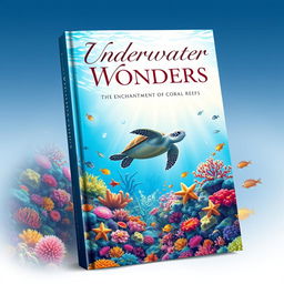 A stunning book cover design featuring an underwater coral reef scene beautifully illustrated for an aquarium poster