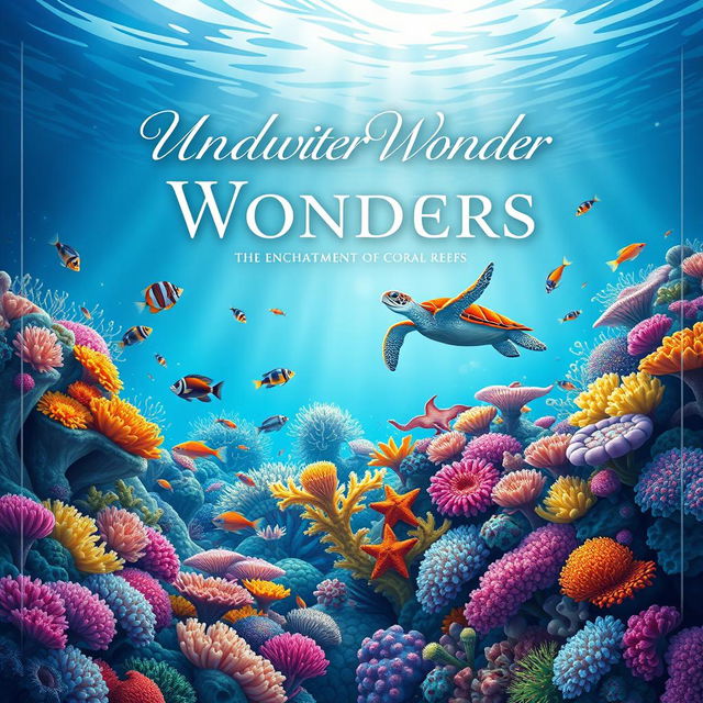 A stunning book cover design featuring an underwater coral reef scene beautifully illustrated for an aquarium poster