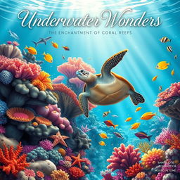 A stunning book cover design featuring an underwater coral reef scene beautifully illustrated for an aquarium poster