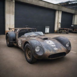 An Oilpunk themed Le Mans car, showcasing industrial-age design mixed with the grunge of early oil factories. The car is adorned with oil splotches, large exhaust pipes, piston-driven mechanics and dark, grimy colors that reflect an era powered by oil