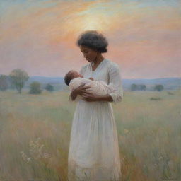 In the style of Claude Monet, artistically portray Frederick Douglass's mother lovingly holding him as a baby in a field. The hushed interaction is framed by an impressionistic landscape, resonating with the soft hues of a new dawn and the symbolic promise of hope.