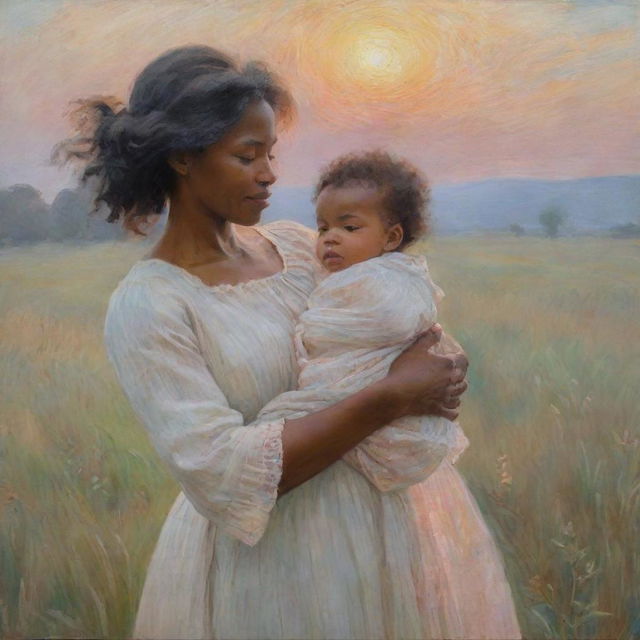 In the style of Claude Monet, artistically portray Frederick Douglass's mother lovingly holding him as a baby in a field. The hushed interaction is framed by an impressionistic landscape, resonating with the soft hues of a new dawn and the symbolic promise of hope.