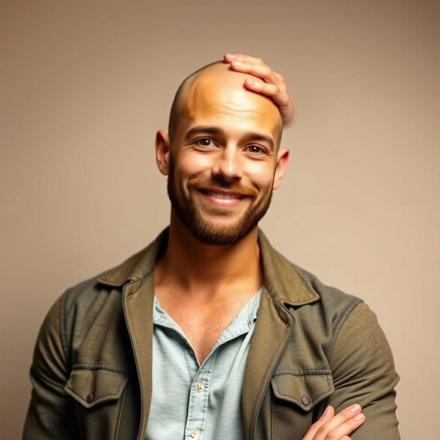 A stylish bald man, confidently standing with his hand on his head, expressing a thought-provoking or amusing gesture