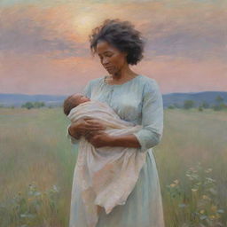 In the style of Claude Monet, artistically portray Frederick Douglass's mother lovingly holding him as a baby in a field. The hushed interaction is framed by an impressionistic landscape, resonating with the soft hues of a new dawn and the symbolic promise of hope.