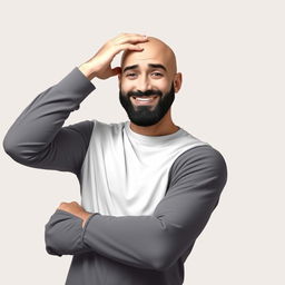 A stylish bald man, confidently standing with his hand on his head, expressing a thought-provoking or amusing gesture