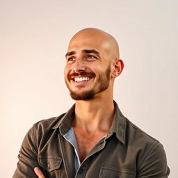 A stylish bald man, confidently standing with his hand on his head, expressing a thought-provoking or amusing gesture