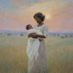 In the style of Claude Monet, artistically portray Frederick Douglass's mother lovingly holding him as a baby in a field. The hushed interaction is framed by an impressionistic landscape, resonating with the soft hues of a new dawn and the symbolic promise of hope.