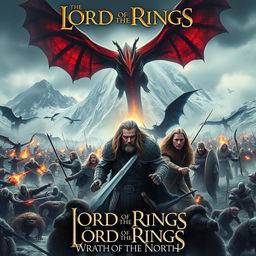 An epic movie poster for "Lord of the Rings: Wrath of the North", featuring the northern stronghold of Erebor (the Lonely Mountain) shrouded in dark mist and snow