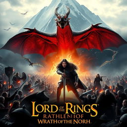 An epic movie poster for "Lord of the Rings: Wrath of the North", featuring the northern stronghold of Erebor (the Lonely Mountain) shrouded in dark mist and snow
