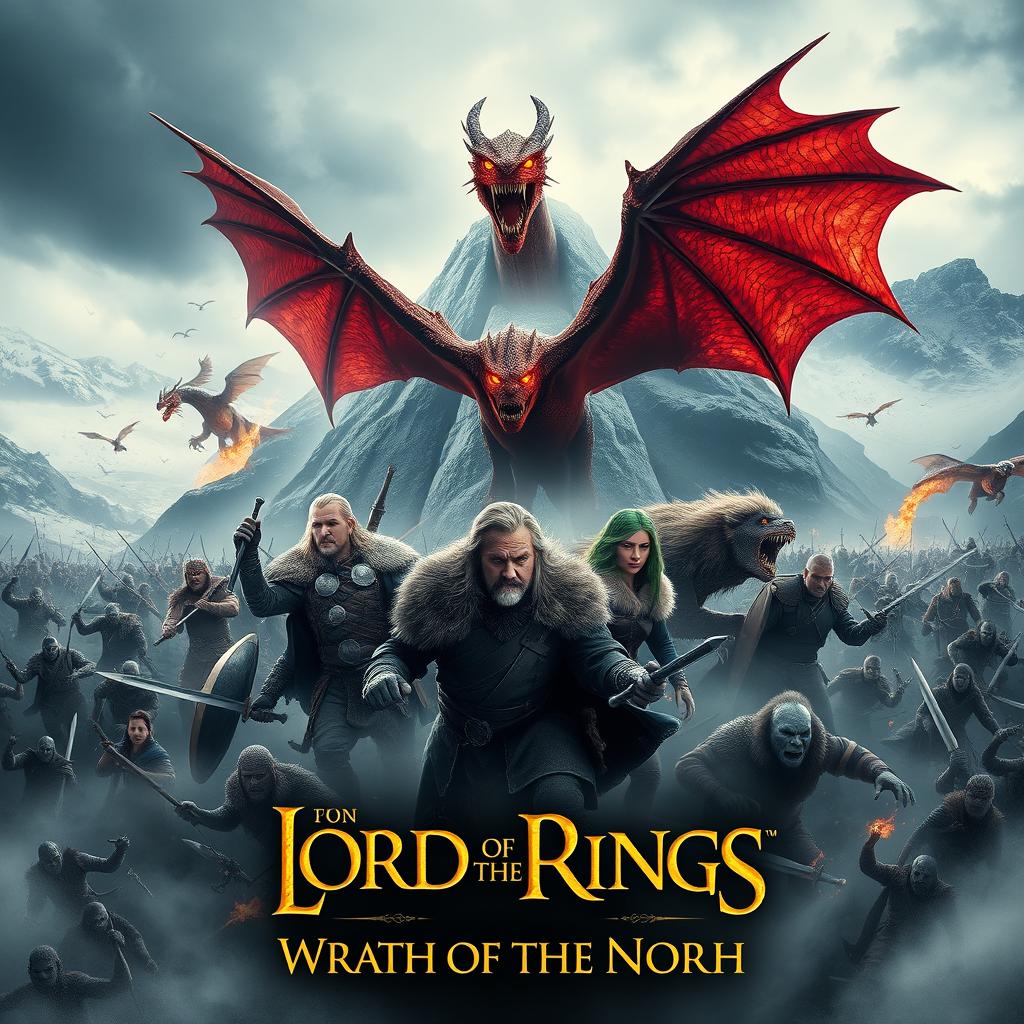 An epic movie poster for "Lord of the Rings: Wrath of the North", featuring the northern stronghold of Erebor (the Lonely Mountain) shrouded in dark mist and snow