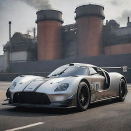 A Factorypunk-themed Le Mans car, portraying the majestic might of industrial revolution factories. It incorporates heavy, metallic exterior exuding raw power, complicated machine parts visible, and smokestacks venting white steam against a backdrop of deep, rich iron colors