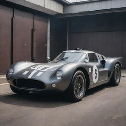 A Factorypunk-themed Le Mans car, portraying the majestic might of industrial revolution factories. It incorporates heavy, metallic exterior exuding raw power, complicated machine parts visible, and smokestacks venting white steam against a backdrop of deep, rich iron colors