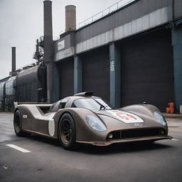 A Factorypunk-themed Le Mans car, portraying the majestic might of industrial revolution factories. It incorporates heavy, metallic exterior exuding raw power, complicated machine parts visible, and smokestacks venting white steam against a backdrop of deep, rich iron colors