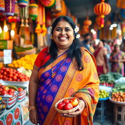 A cheerful chubby Indian aunty wearing a vibrant traditional saree with intricate patterns, standing outside a colorful market stall filled with fresh fruits and vegetables, smiling warmly at the camera