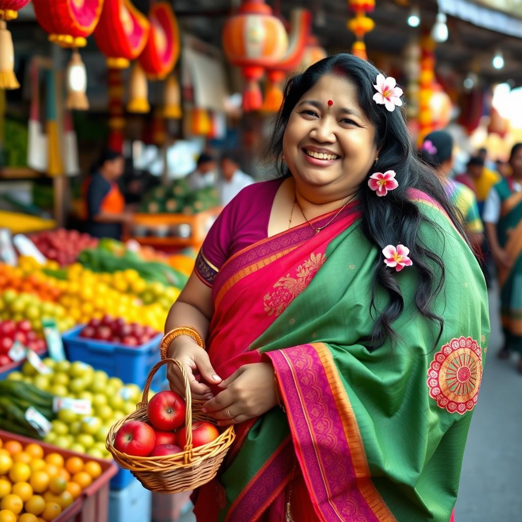 A cheerful chubby Indian aunty wearing a vibrant traditional saree with intricate patterns, standing outside a colorful market stall filled with fresh fruits and vegetables, smiling warmly at the camera