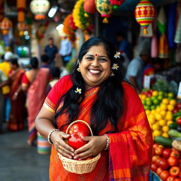 A cheerful chubby Indian aunty wearing a vibrant traditional saree with intricate patterns, standing outside a colorful market stall filled with fresh fruits and vegetables, smiling warmly at the camera