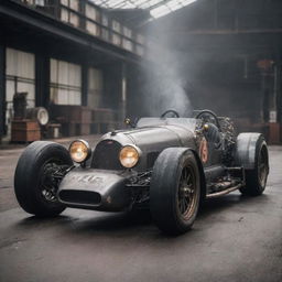 A Factorypunk-themed Le Mans car, portraying the majestic might of industrial revolution factories. It incorporates heavy, metallic exterior exuding raw power, complicated machine parts visible, and smokestacks venting white steam against a backdrop of deep, rich iron colors